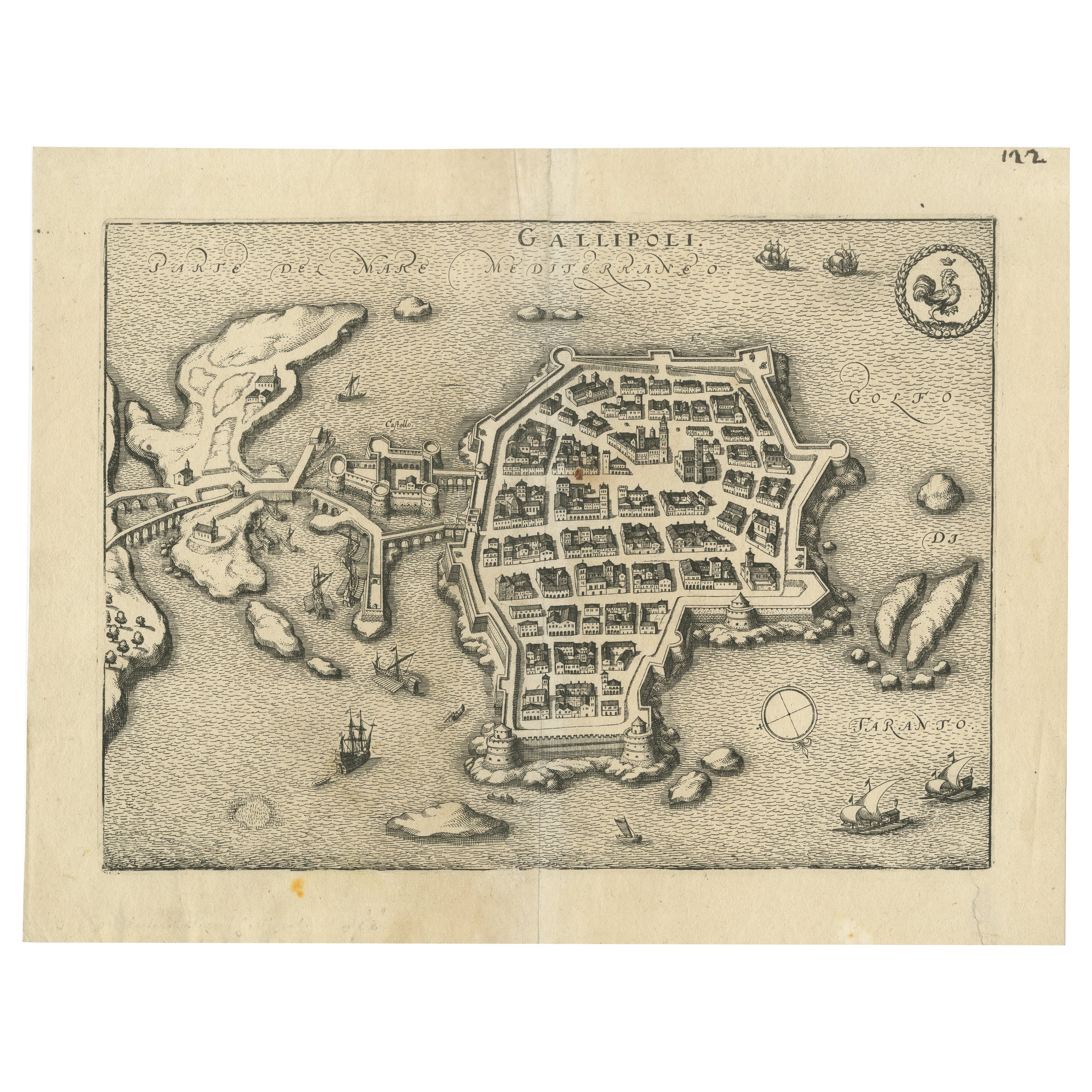 Carte de Gallipoli vue à vol d'oiseau : Gemme ionienne fortifiée par Mattheus Merian, 1688