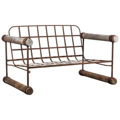 Modernist Iron and Wood Outdoor Settee 