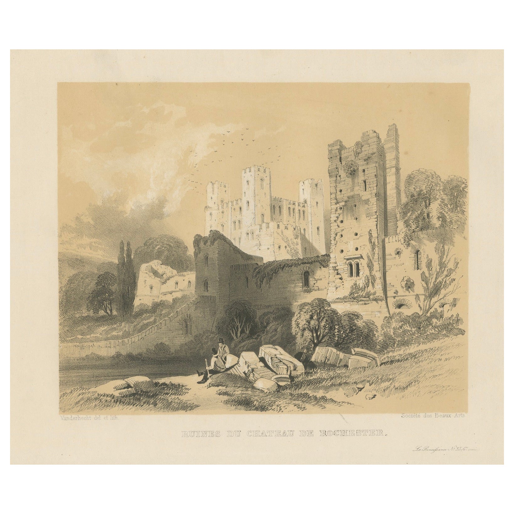 Grabado antiguo de una escena idílica en las ruinas históricas del castillo de Rochester, Inglaterra en venta