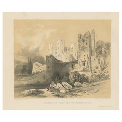 Ancienne estampe d'une scène Idyllique dans les ruines historiques du château de Rochester, Angleterre