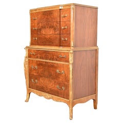 Antique French Provincial Louis XV Burled Walnut and Parcel Painted Highboy