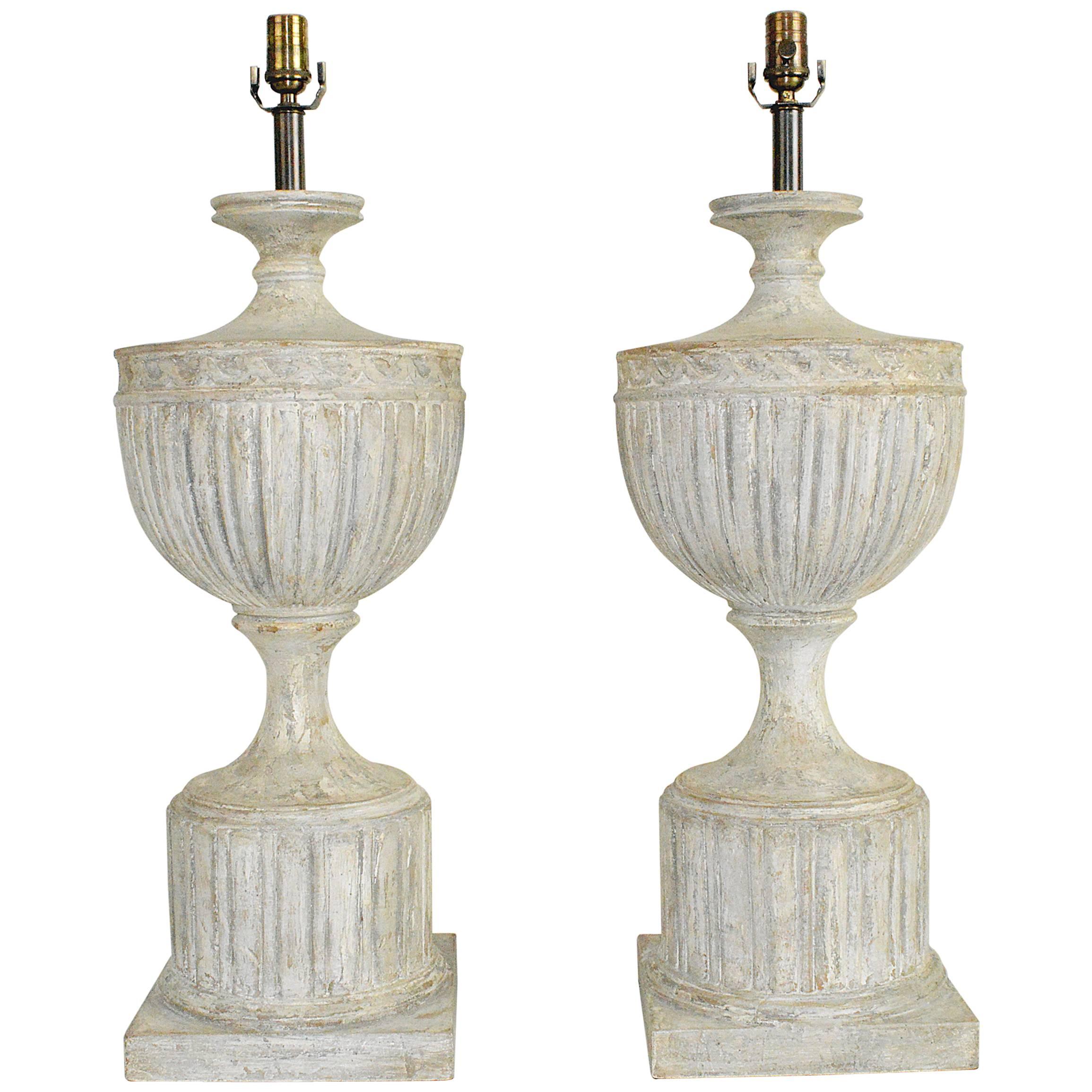 Pair of Large Neoclassical Style Carved Wood Table Lamps