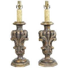 Pair of Italian Carved Silver Giltwood Finials Mounted as Lamps