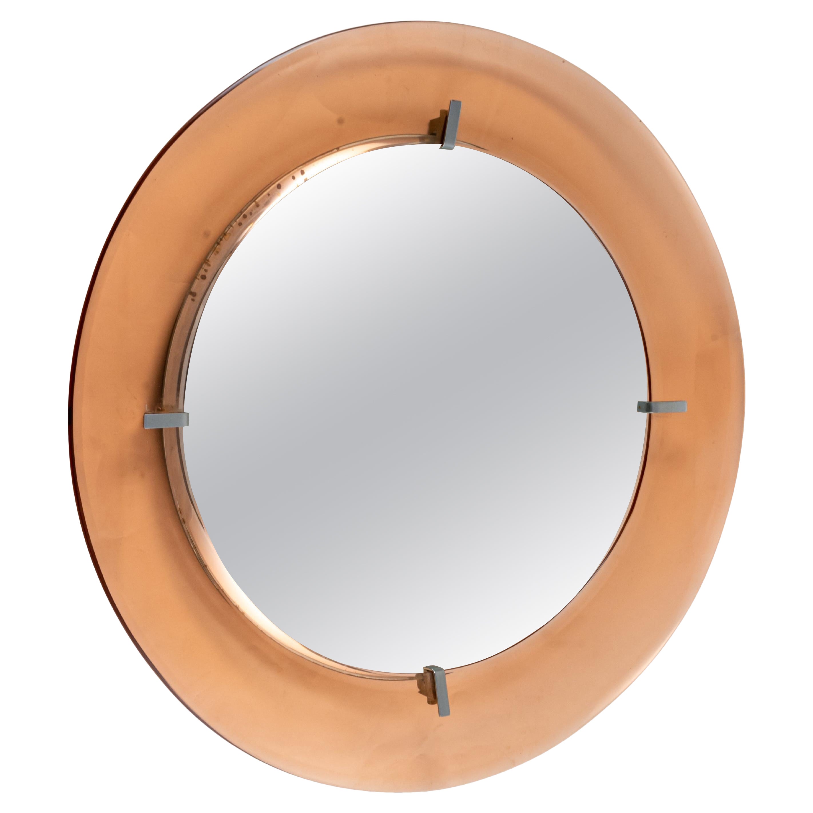 1960s mirror round concave pale pink glass frame Italian design by Cristal Arte