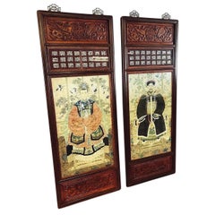 Pair of Ancestral Watercolor Paintings Carved Frames Panels Large