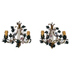 Vintage Pair of Wall Lights made of Bronze, Patinated Metal  and Porcelain Flowers