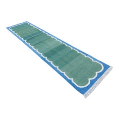 Runner a tessitura piatta in cotone fatto a mano, 3x8 Greene & Greene, Blue Scalloped Indian Dhurrie