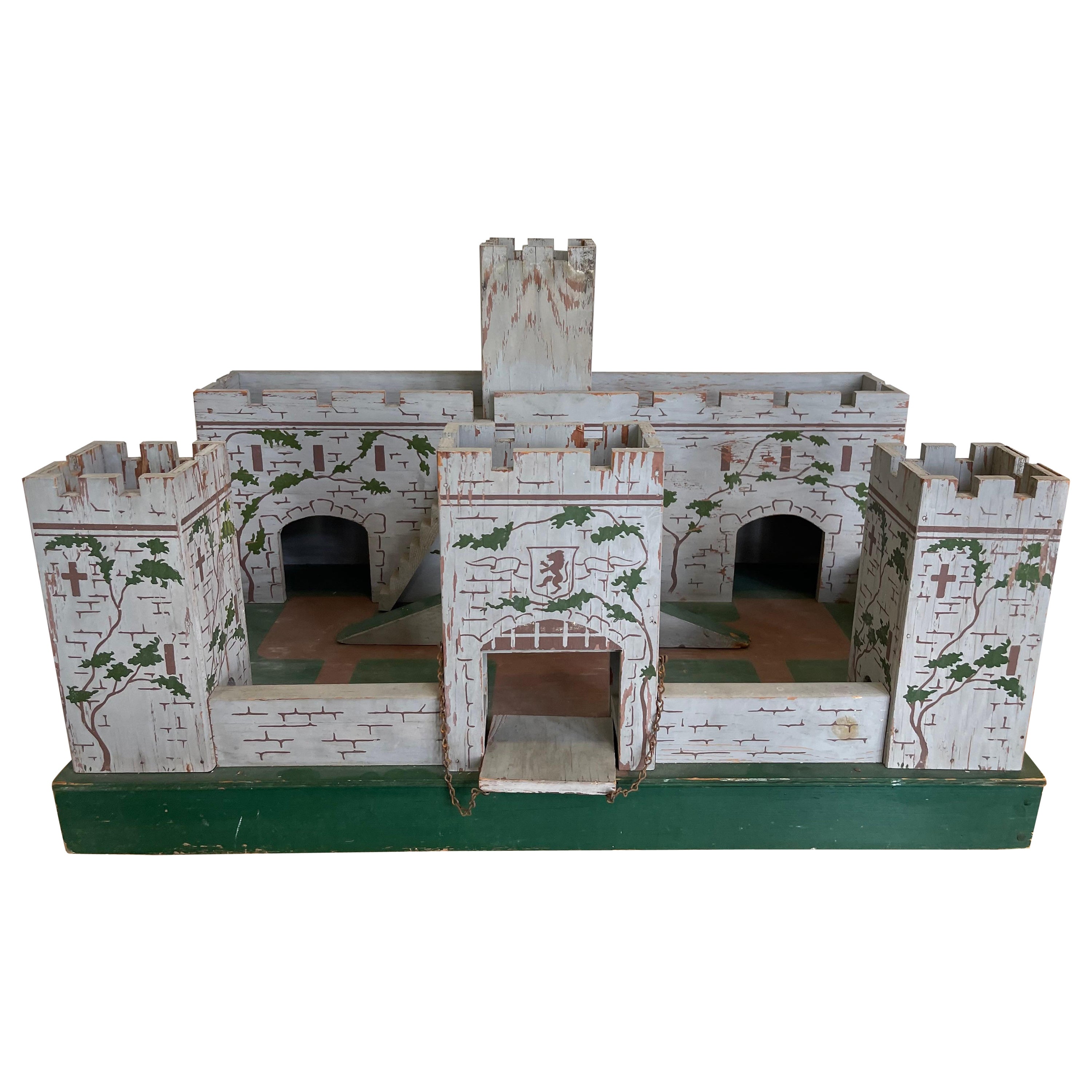 1930s English Antique Hand Painted Wooden Toy Solider Castle Fort
