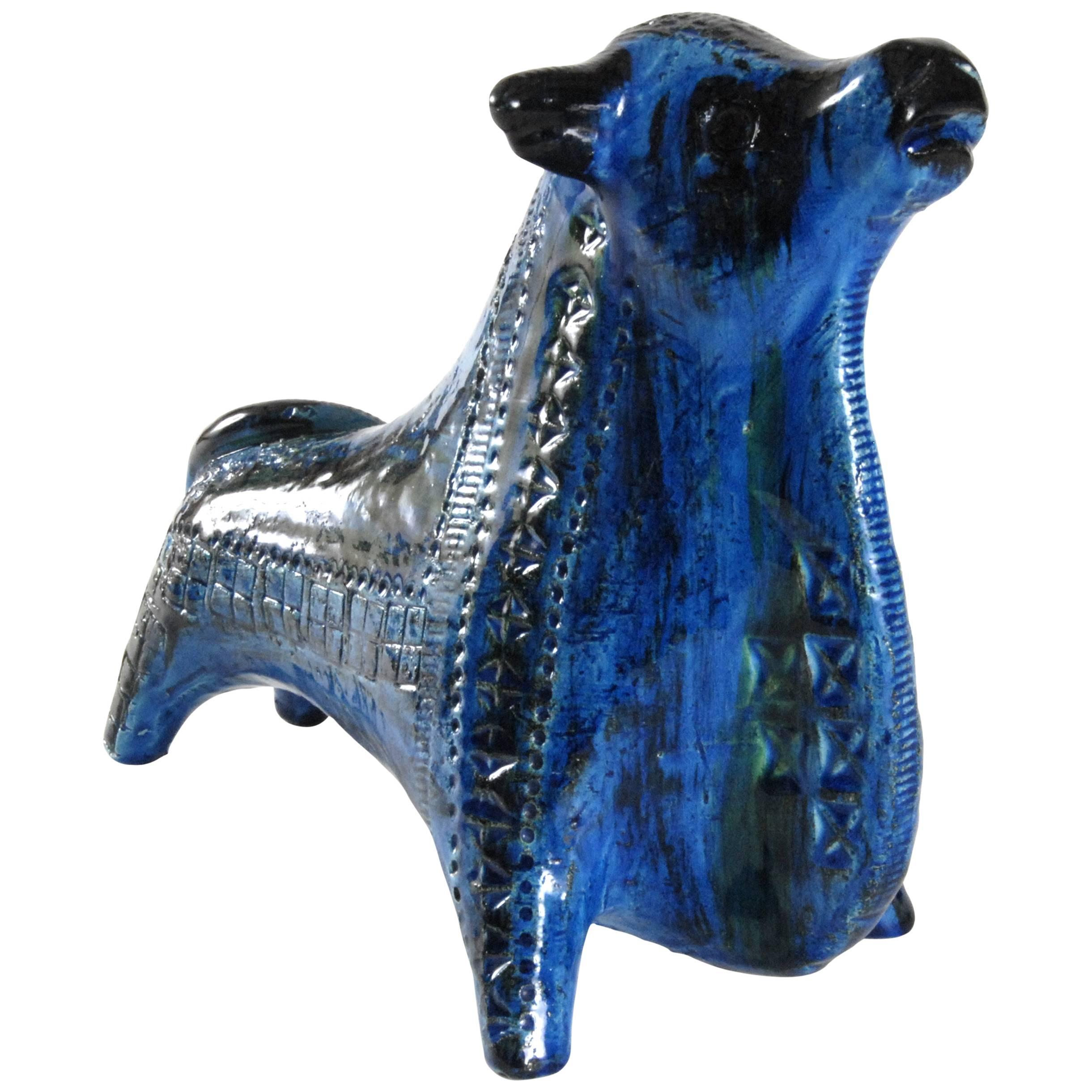 Bitossi, Londi Rearing Bull, circa 1965, Italy, Rimini Blu Color