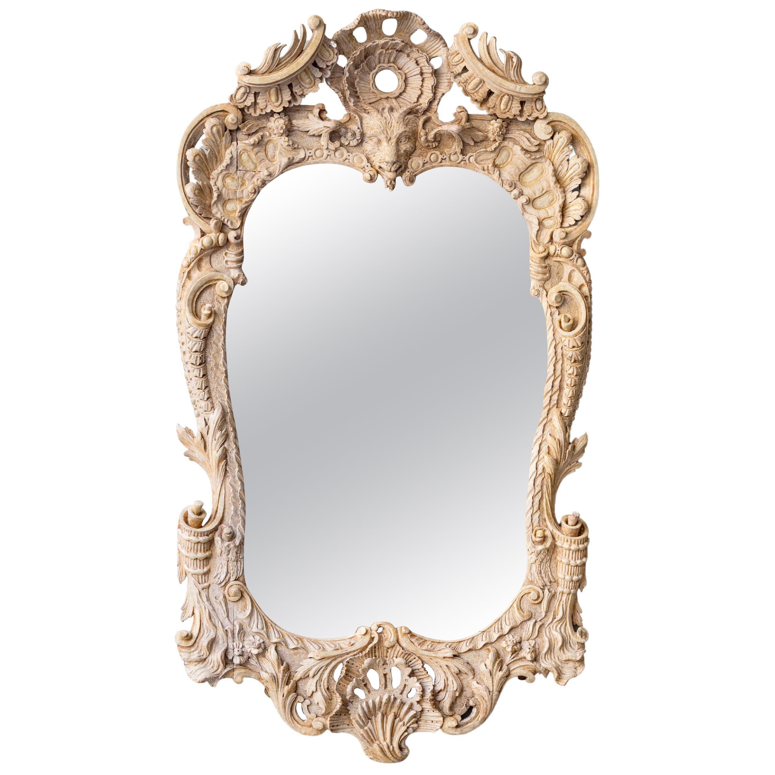 Exceptional Rococo Carved Giltwood Pier Mirror with Central Goat Mask, c.1740 For Sale