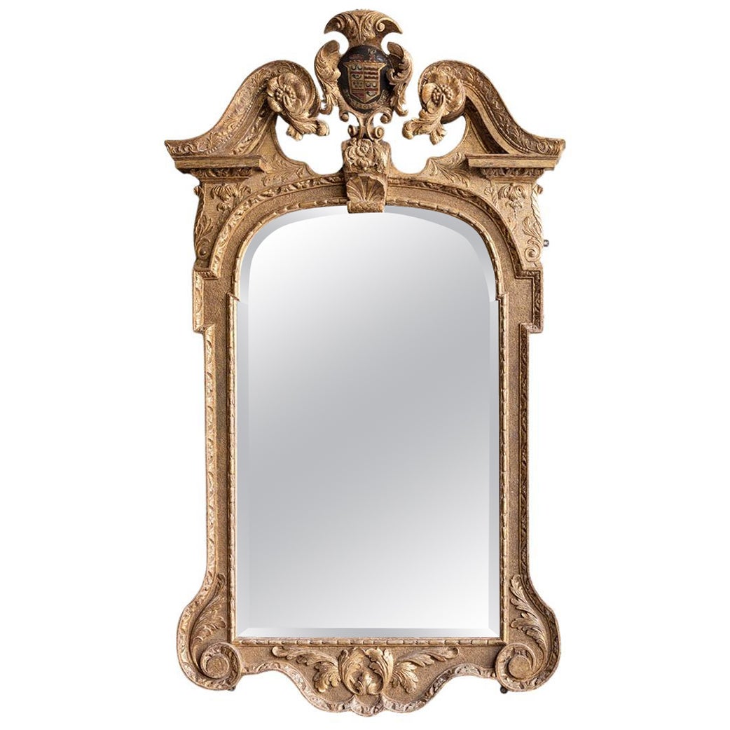 George II Giltwood Wall Mirror Centred by Painted Crest Bearing Arms of Neale
