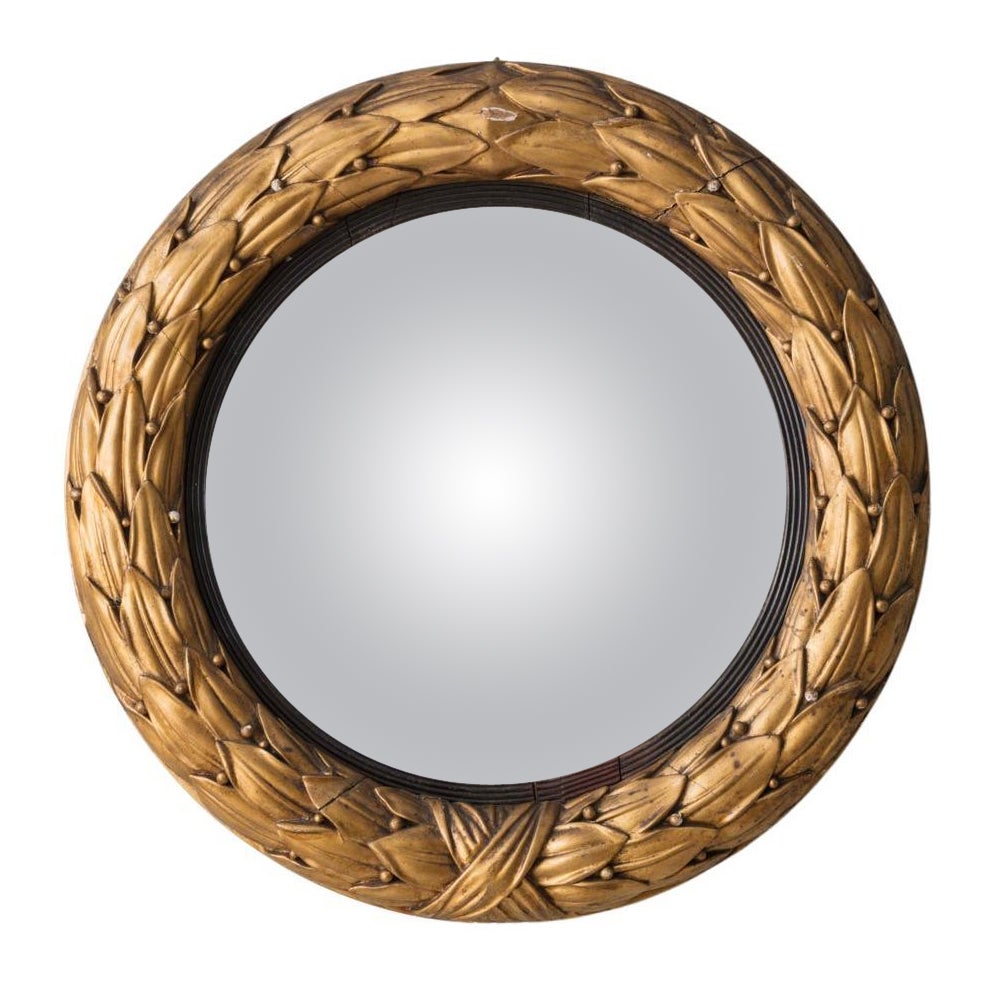 Carved Giltwood Convex Mirror (II) with Leaf carved Details