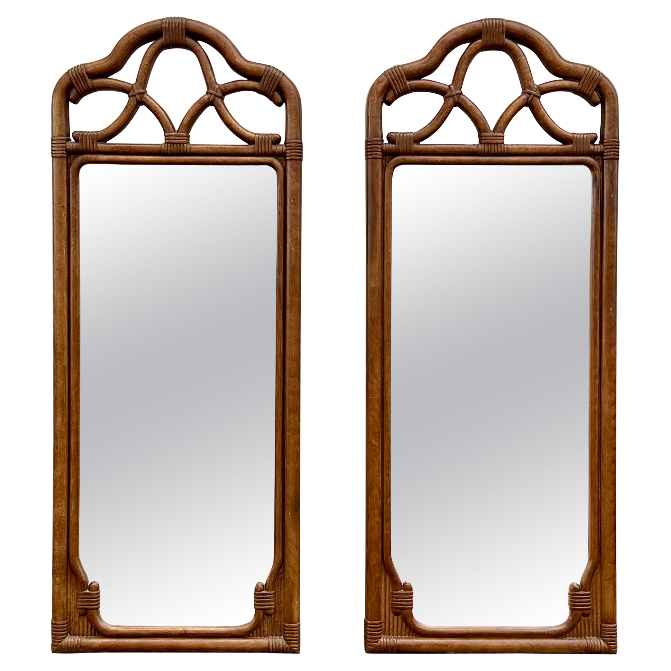Espejo de arco de madera de bambú sintético de los años 70, set de 2