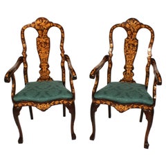 Antique Pair Dutch Marquetry Walnut High Back Armchairs Late 18th Century