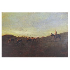 Antique Early 20th Century Cowboy Horses at Sunset Painting