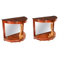 Antique Pair Italian Flame Mahogany Giltwood Dolphin Console Tables 19th Century