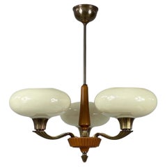 Böhlmarks Opaline Glass, Brass & Carved Wood Chandelier, Sweden 1930s