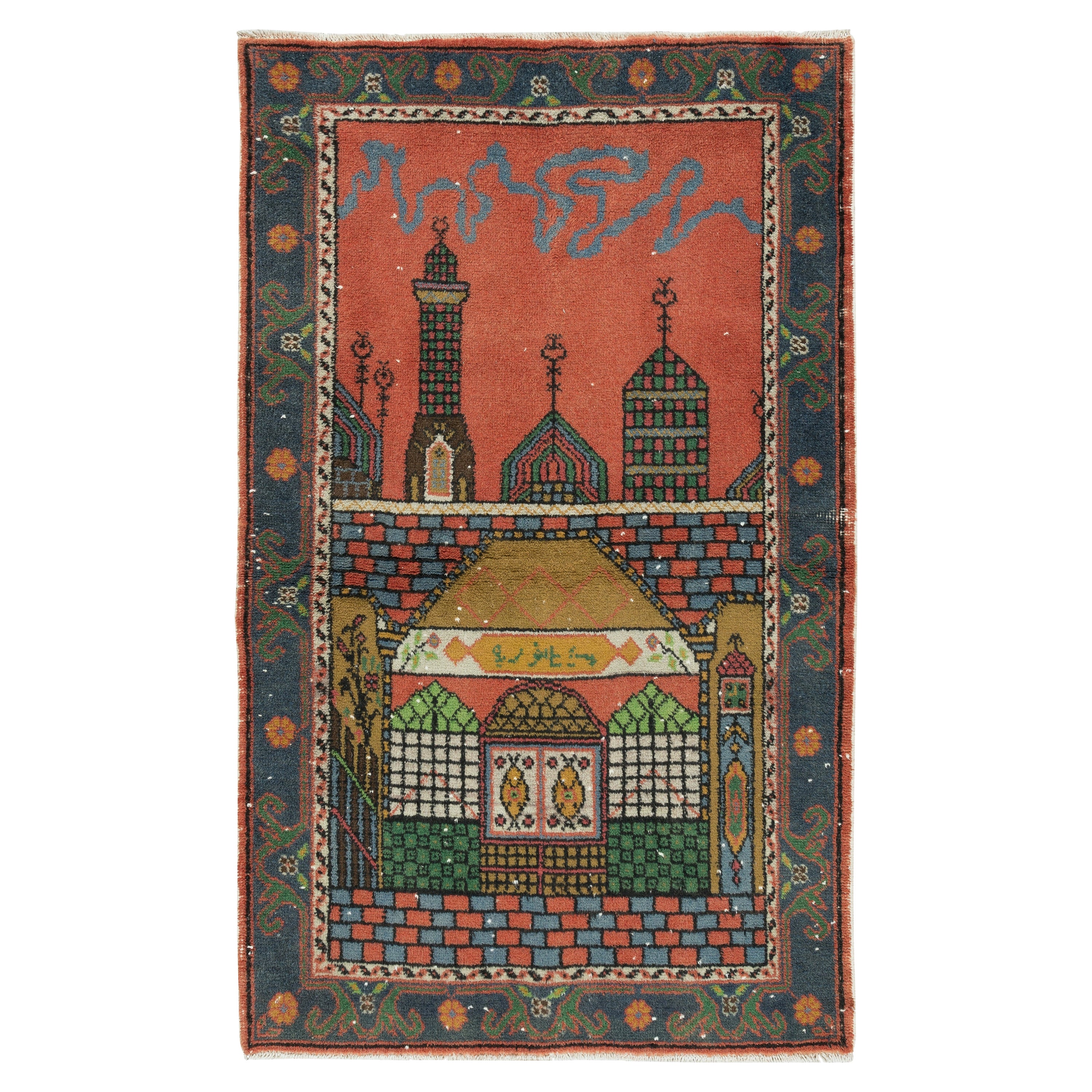 37 "x65" Alfombra de Oración Turca Vintage de Lana Hecha a Mano con Motivo de Mezquita