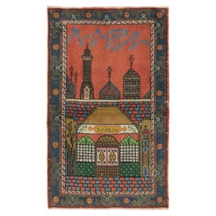 37"x65" Vintage Handmade Turkish Wool Prayer Rug with Mosque Motif