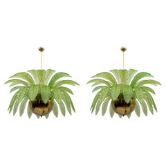 Pair of Mid-Century Modern Palm Leaves Big Chandelier Murano Glass and Brass