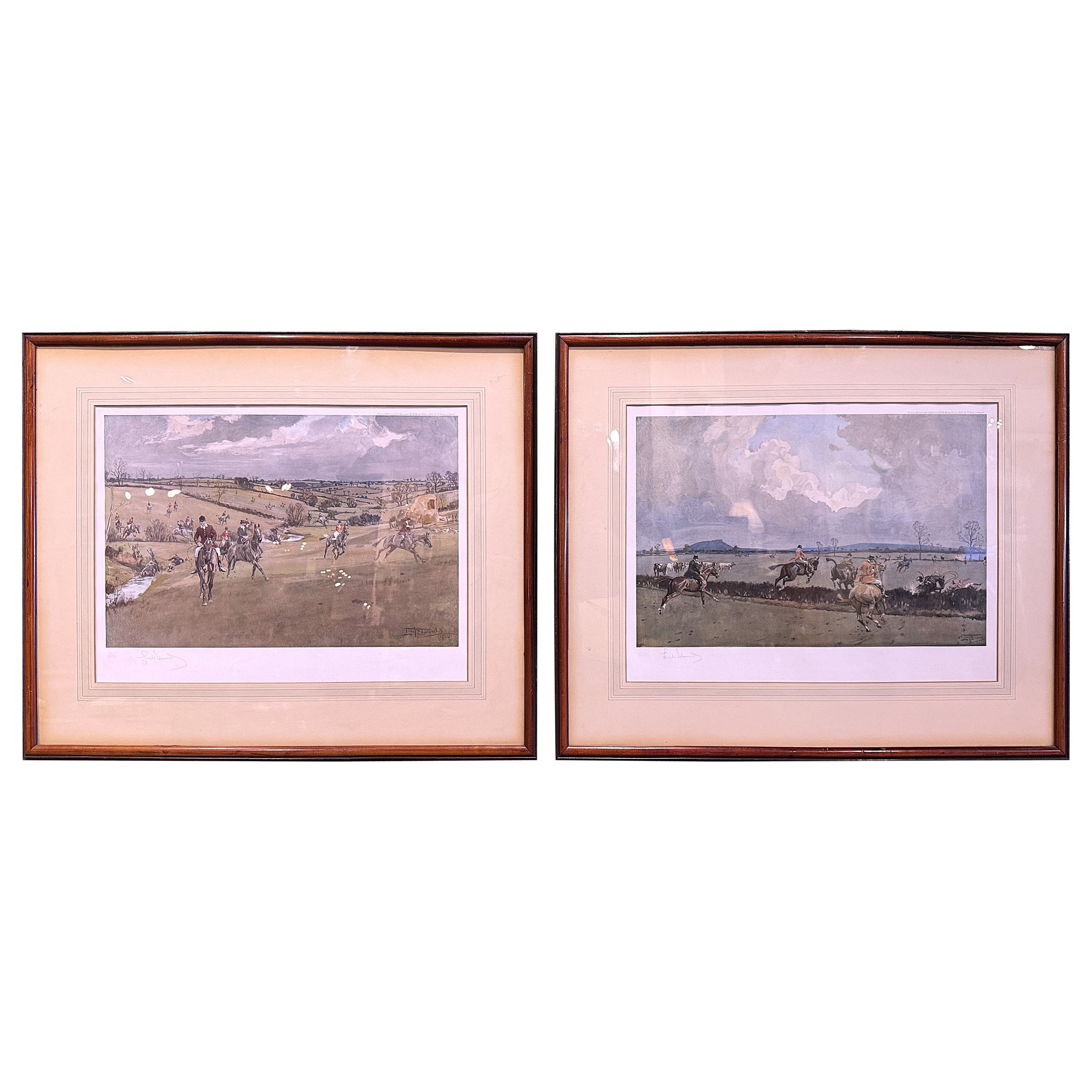 Coppia di stampe colorate originali di equitazione incorniciate firmate Lionel Edwards e datate 1926
