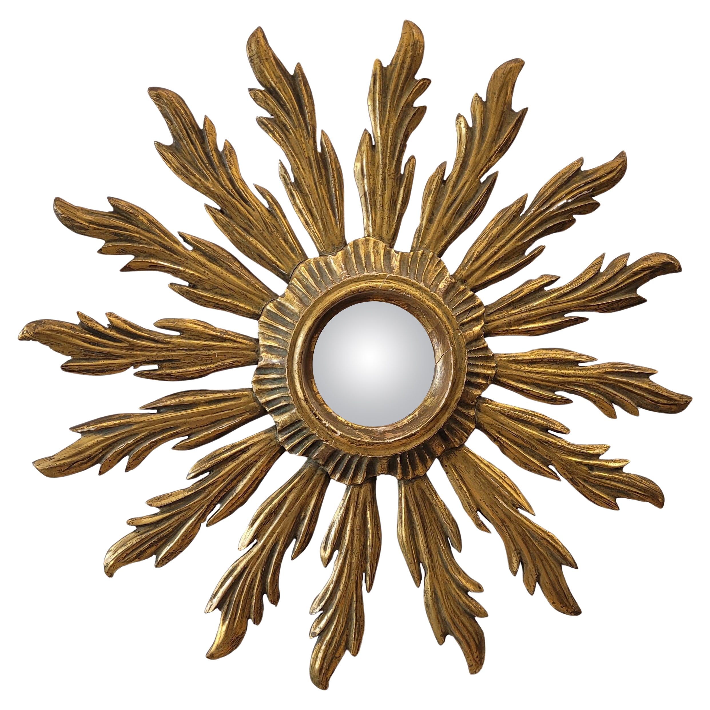 Francese  Sunburst  specchio  vetro dell'oblò, legno intagliato e dorato in vendita