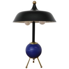 Memphis Style Table Lamp with Cobalt Blue Orb and Brass Accents