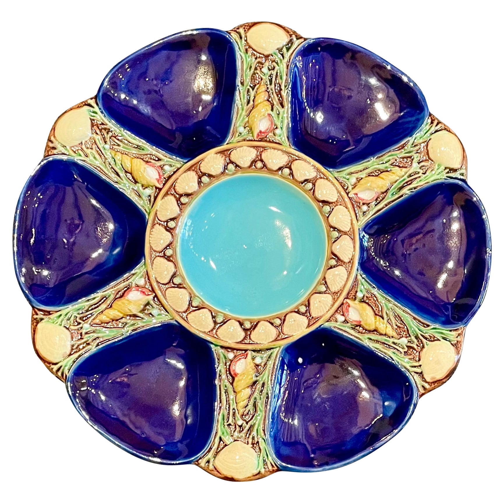 Antique English Minton Majolica Cobalt Blue Porcelain Oyster Plate, Circa 1875.