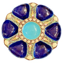 Antique English Minton Majolica Cobalt Blue Porcelain Oyster Plate, Circa 1875.