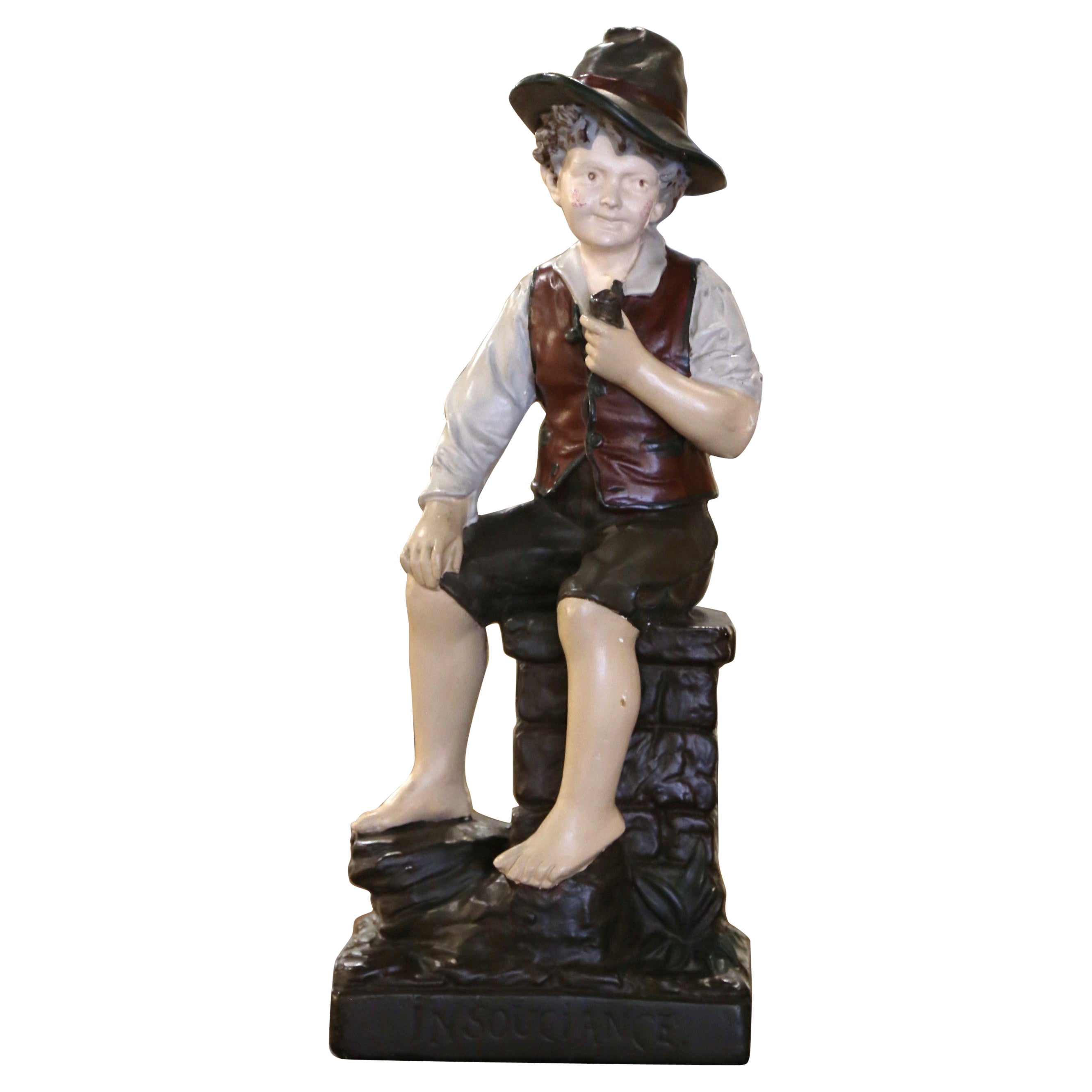 Mid-Century French Polychrome Terracotta Boy Figurine Titled "Insouciance"