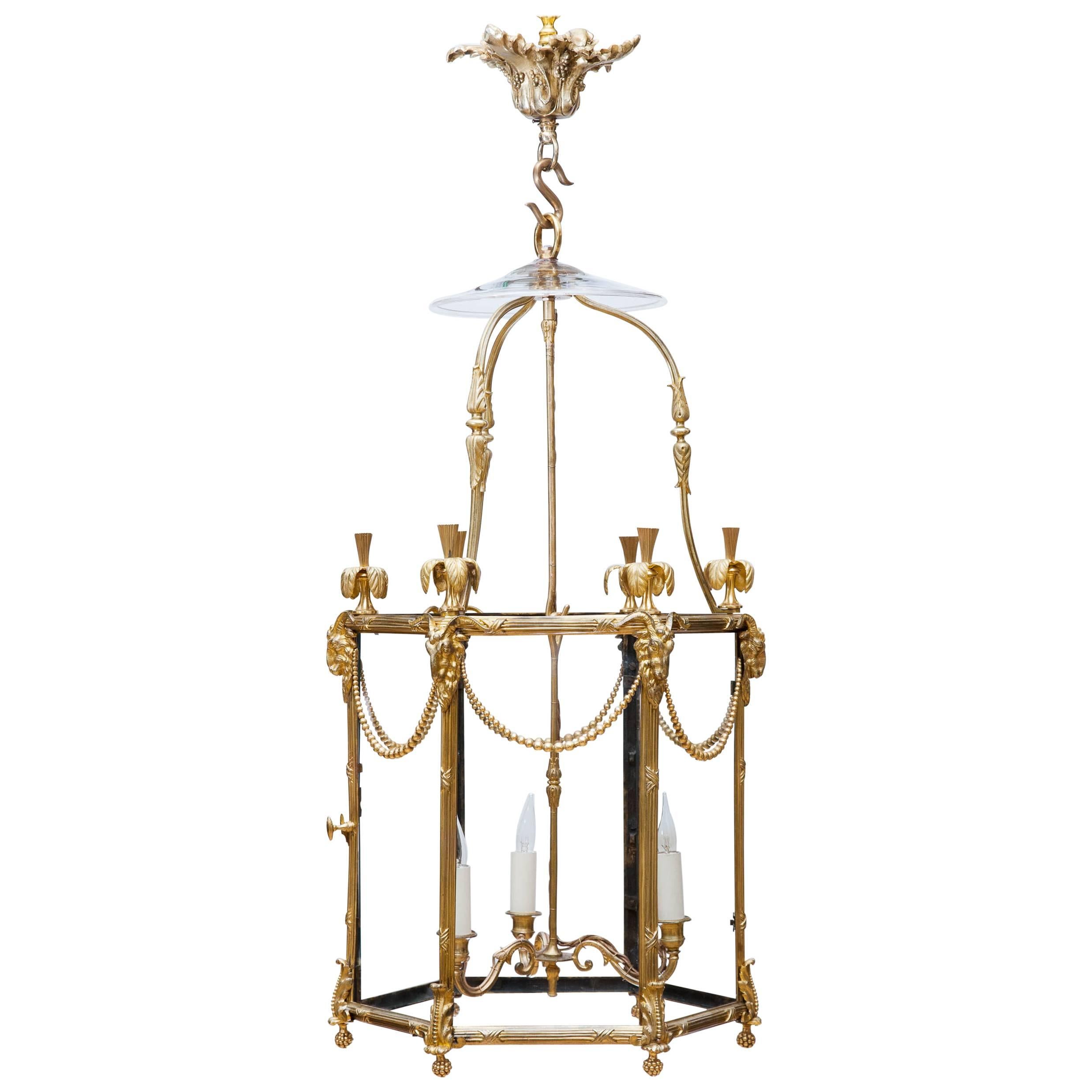 19th Century Louis XVI Style Gilt Bronze Hexagonal Lantern For Sale