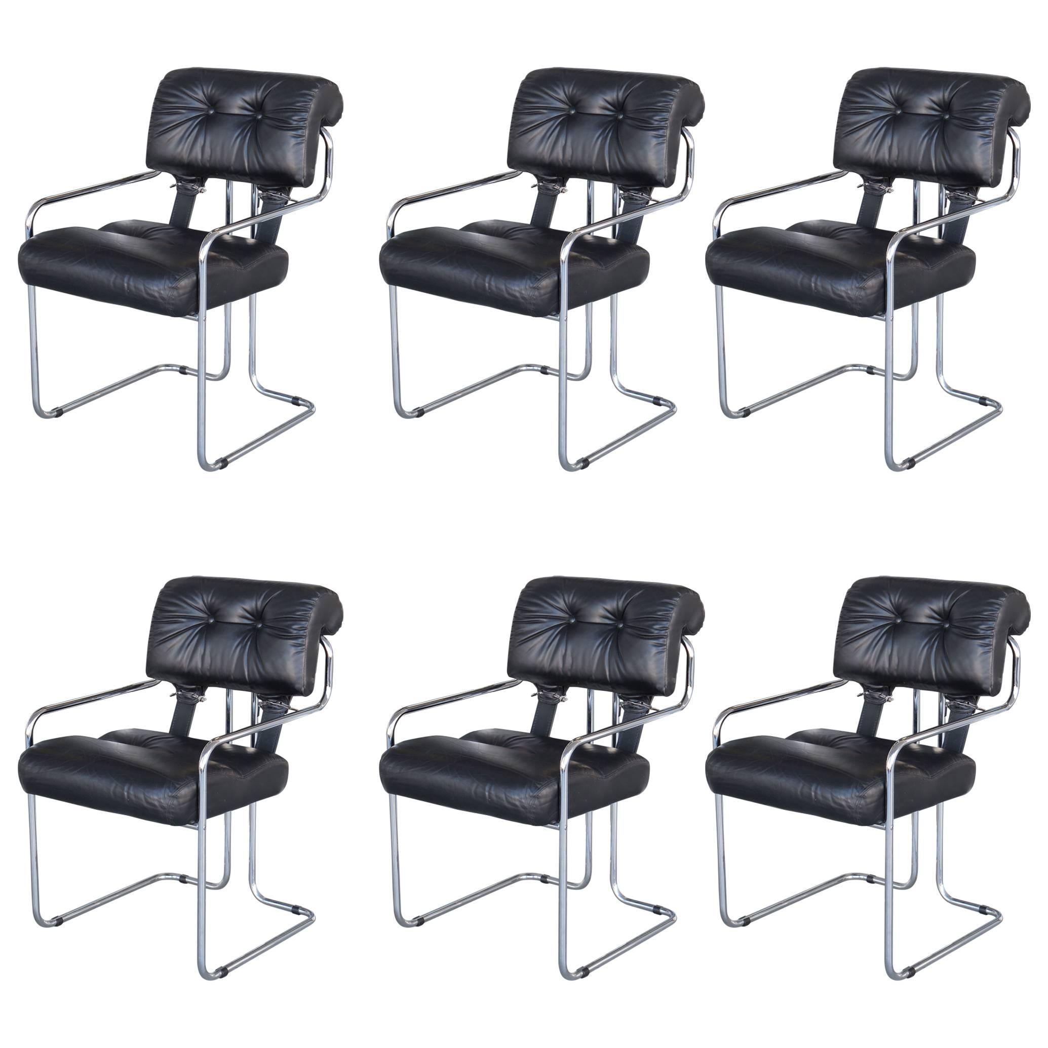 Six Black Leather Tucroma Dining Chairs by Pace, 1970s