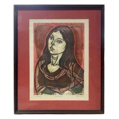 Irving Amen Signed Mid-Century Modern Framed Color Woodcut Print Susan