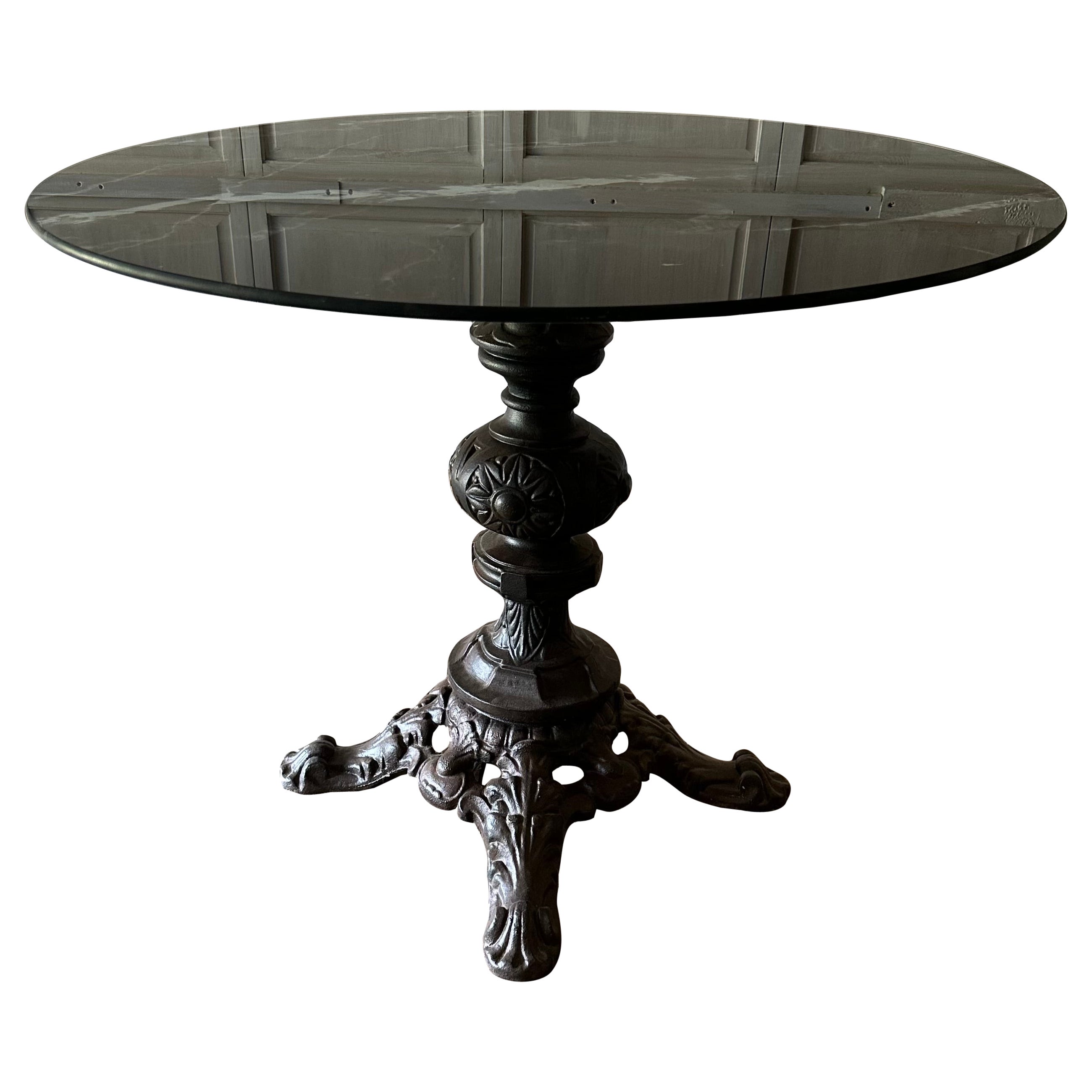 Antique French Bistro Table Base with Green Glass Marble Top