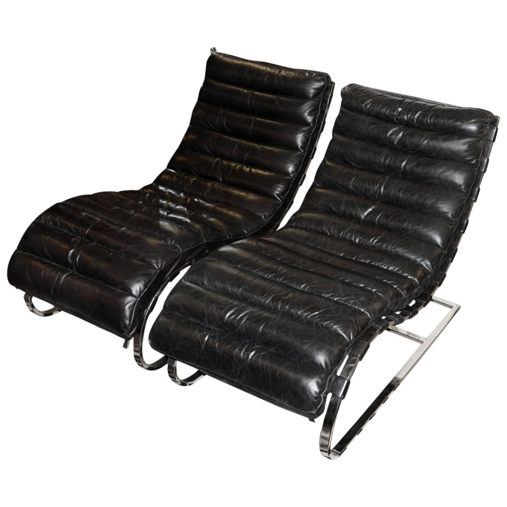 Daybed Lounge Chair in Black Genuine Leather