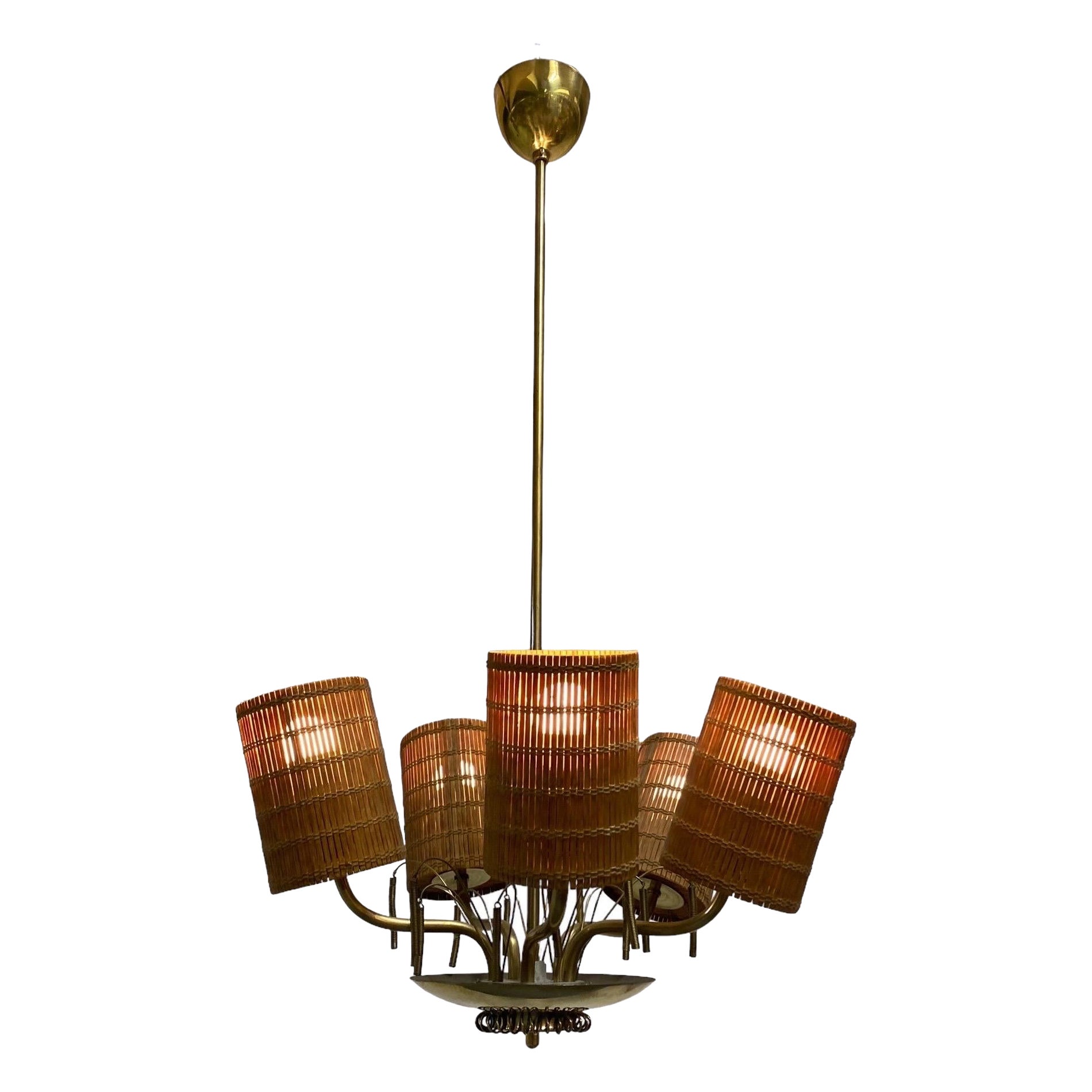 Lampe de design finlandais du milieu du siècle en laiton et rotin, années 1950