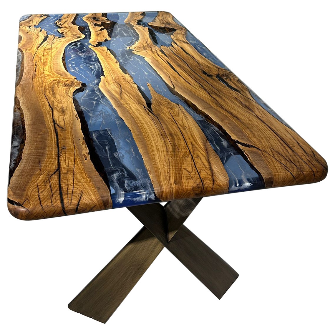 Mesa de Río de Resina Epoxi Oliva Azul - Mesa de Comedor - Mesa de Madera a Medida