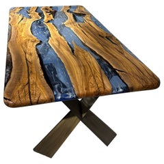 Mesa de Río de Resina Epoxi Oliva Azul - Mesa de Comedor - Mesa de Madera a Medida