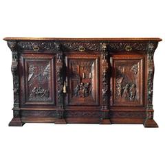 French Antique Gothic Sideboard Credenza Solid Oak Buffet Dresser, 19th Century