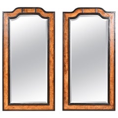 Vintage Anglo-Japanese Burl Wood and Ebonized Framed Tall Wall Mirrors, Pair