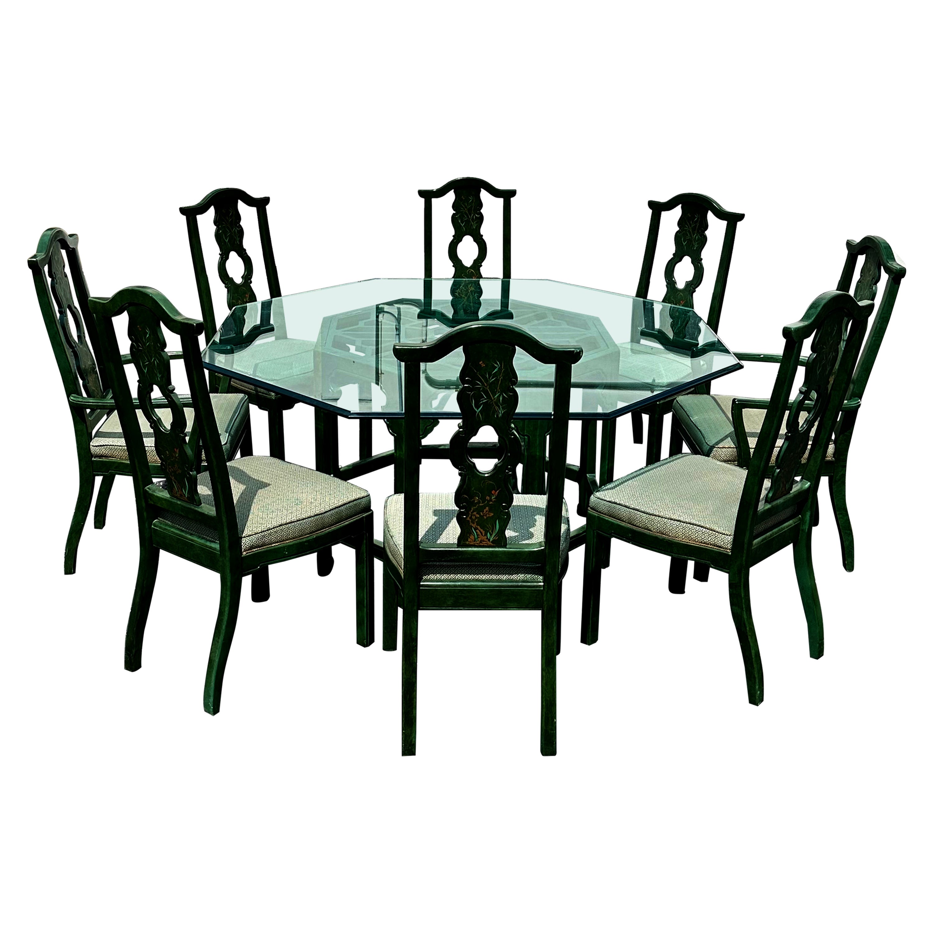 1980 Thomasville Chinoiserie Painted Green Hexagonal Wood Dining, Set of 9