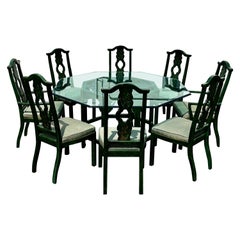 1980s Thomasville Chinoiserie Painted Green Hexagonal Wood Dining, Set of 9