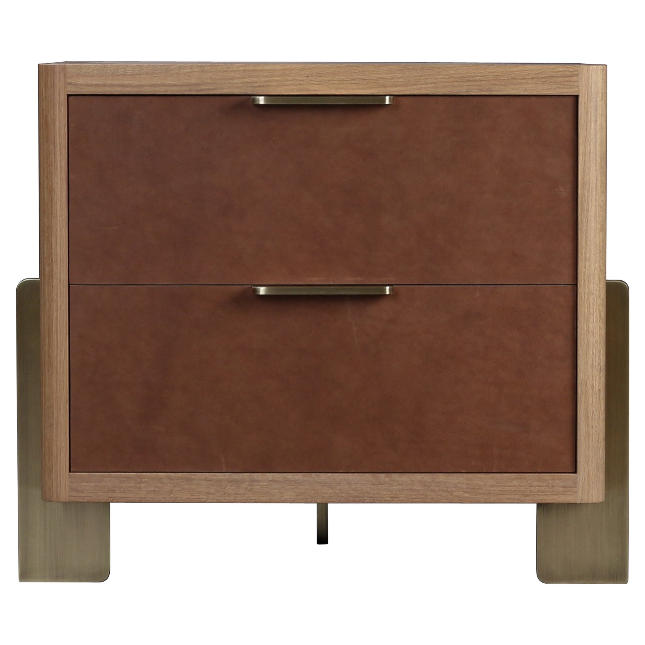 Dreyfus Night Stand, by AMBROZIA, White Oak, Taos Brown Leather & Antique Brass