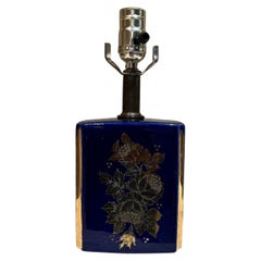 Nathan Lagin, handgefertigte blaue Keramiklampe, Gold, geblümt, 1960er Jahre