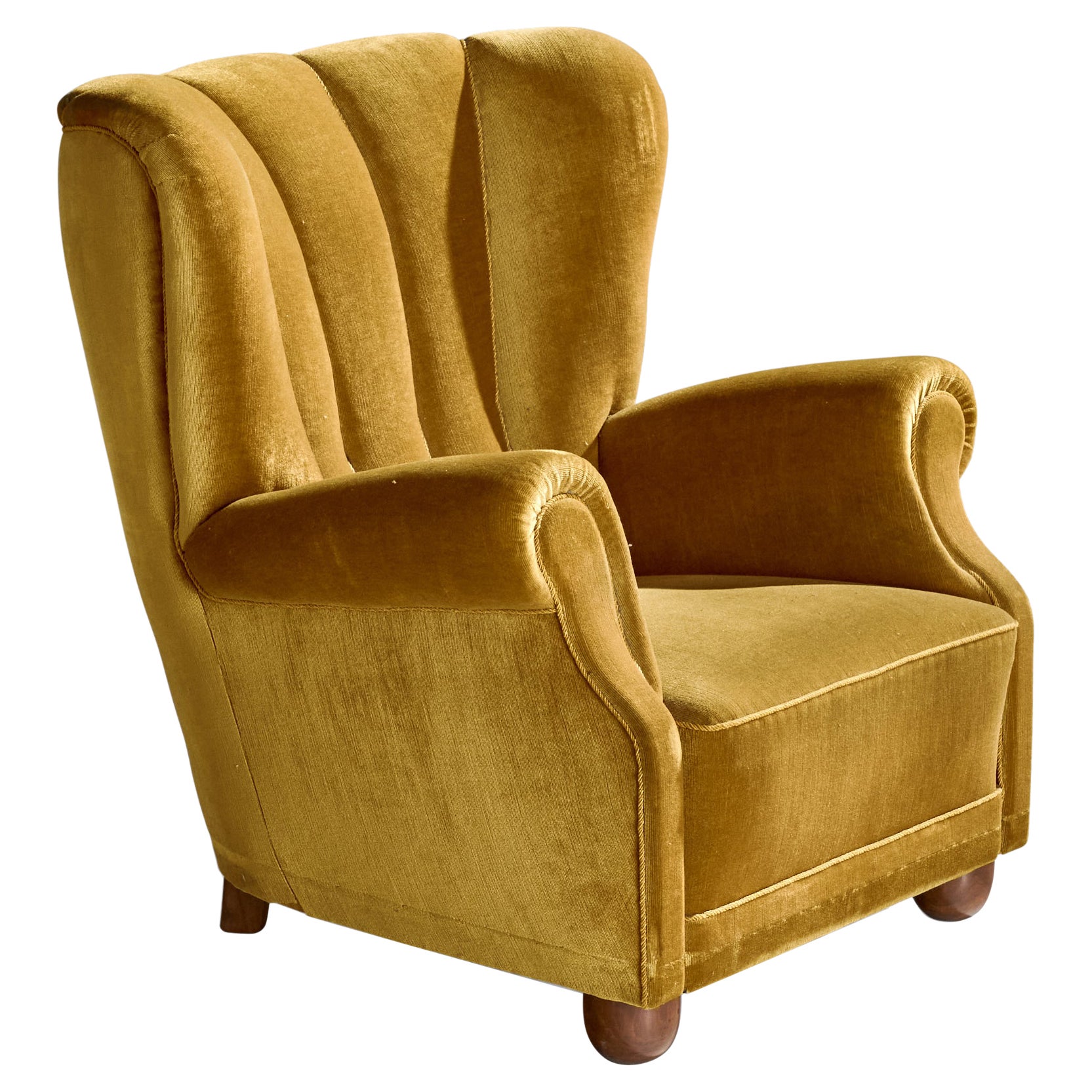 Danish Designer, Lounge Chair, Wood, Velvet, Denmark, 1940s