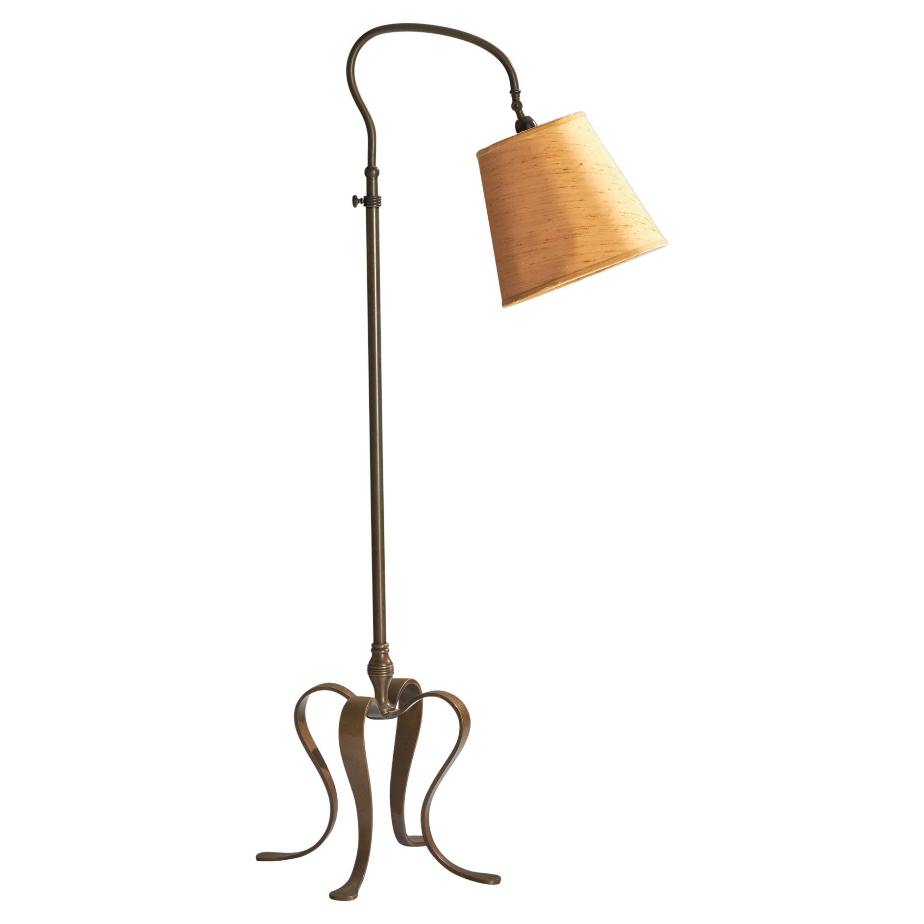 Danish Designer, Floor Lamp, Bronze, Fabric, Denmark, 1920s