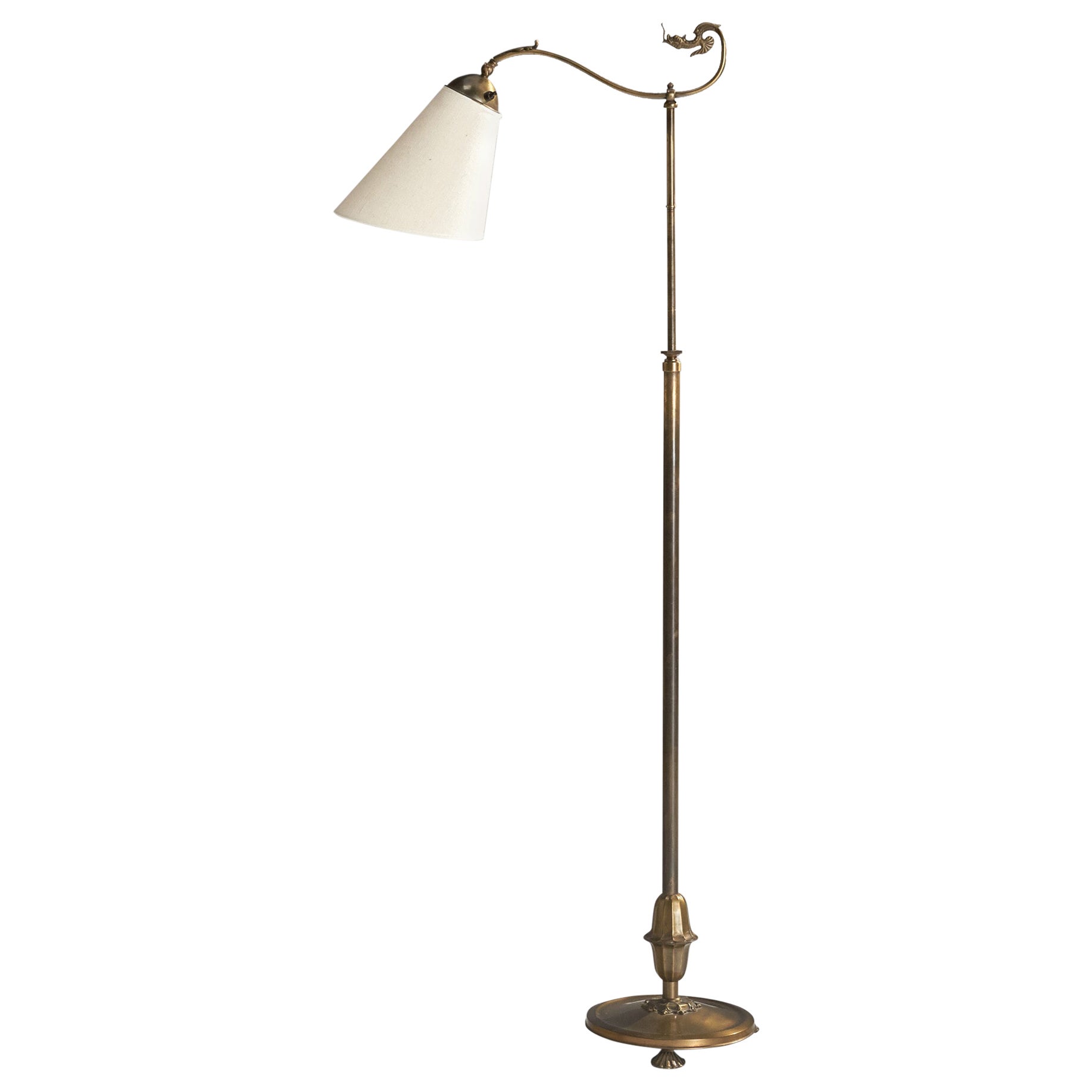 Swedish Designer, Floor Lamp, Brass, Fabric, Sweden, 1930s