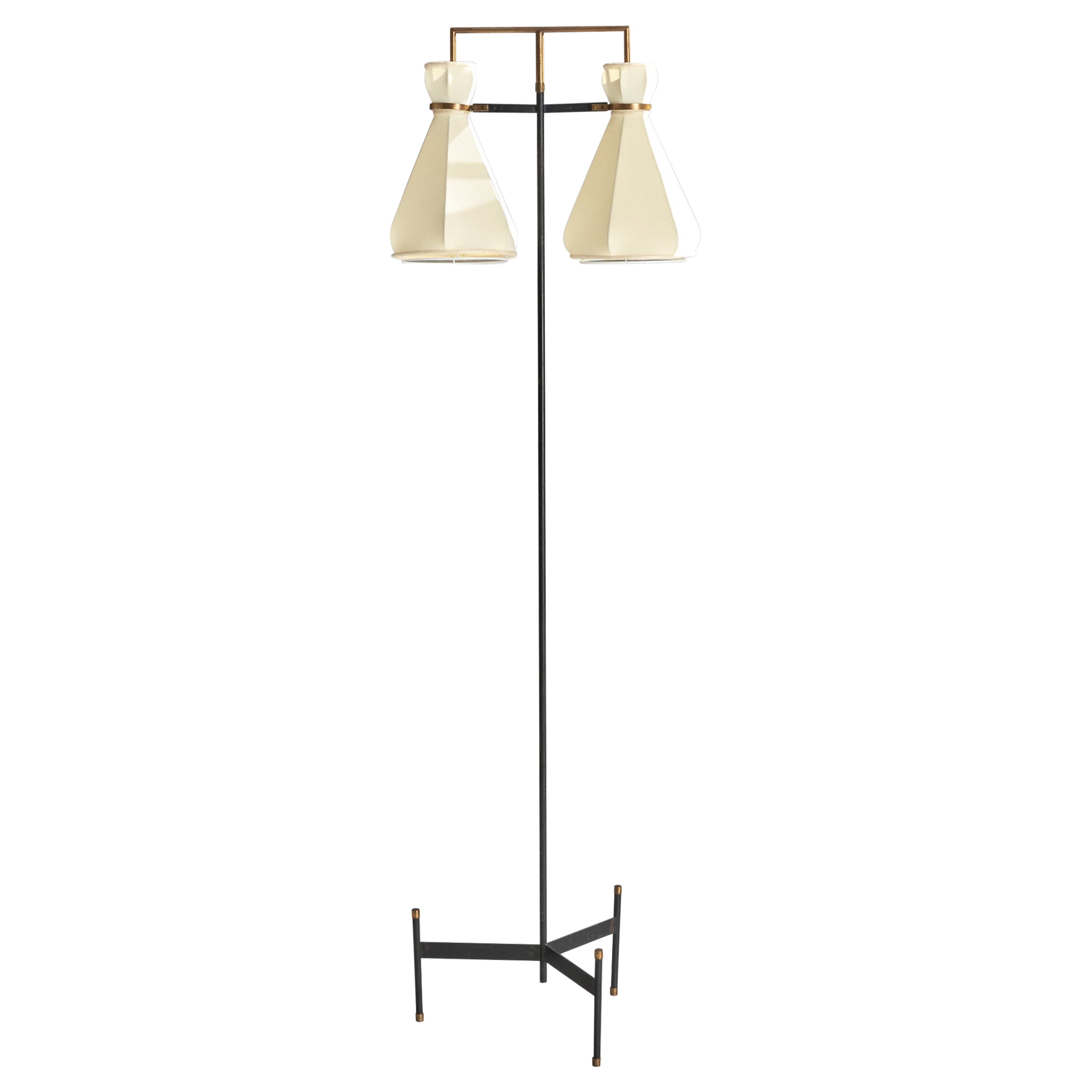 Italian Designer, Floor Lamp, Brass, Metal, Fabric, Italy, 1950s