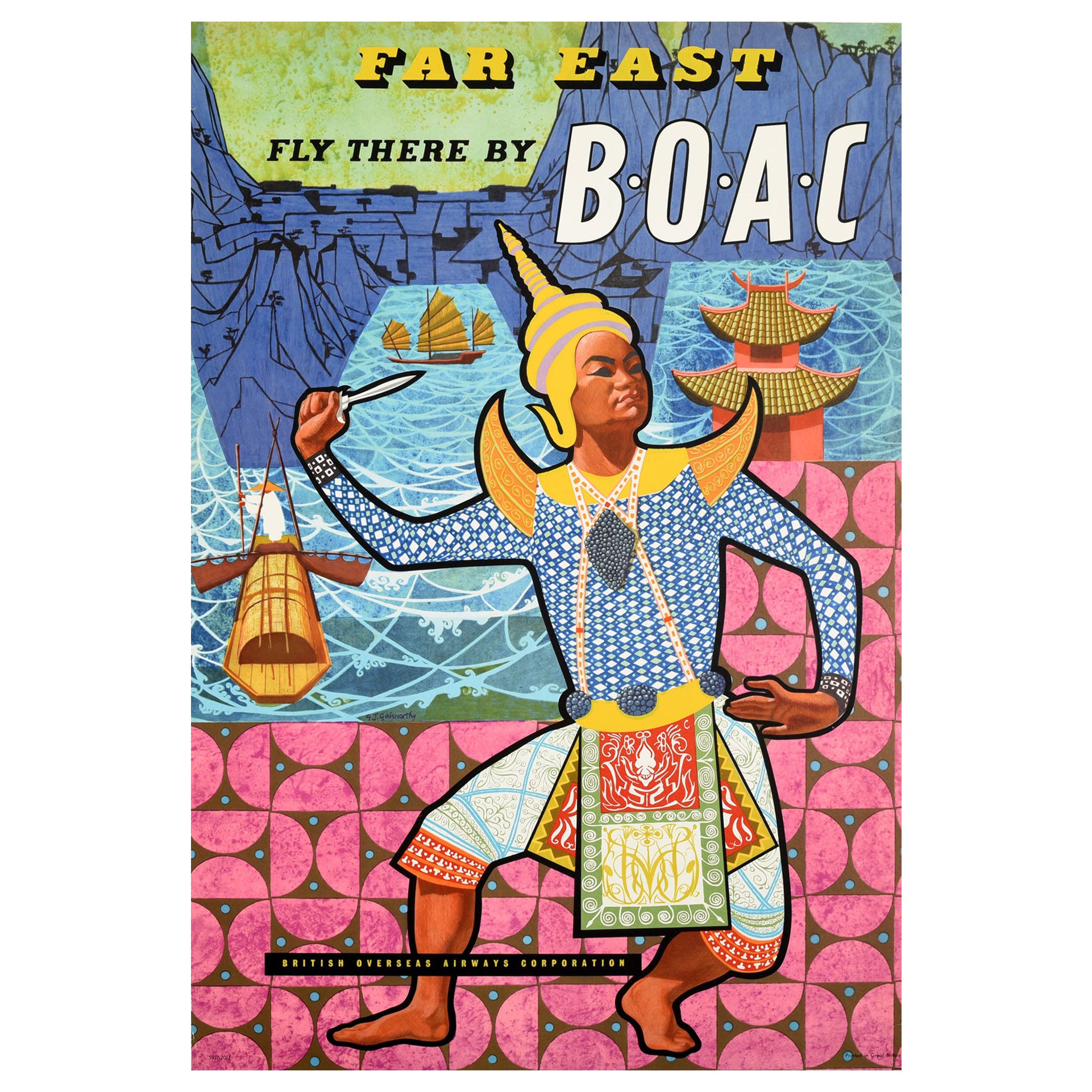 Affiche vintage originale de voyage en Asie d'Extrême-Orient Fly There de BOAC Dancer Thailand