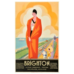 Original Antique Travel Poster Brighton Charming English Seaside Resort Art Deco